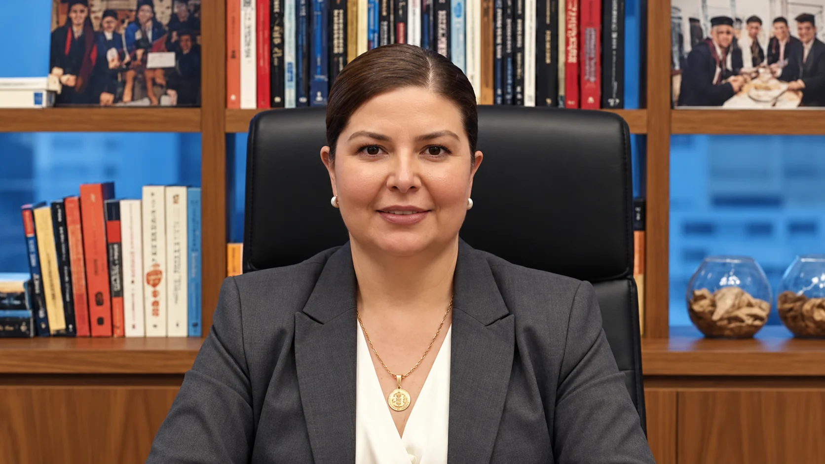 Zuria, of Duarte University, seated at a desk in front of a bookcase